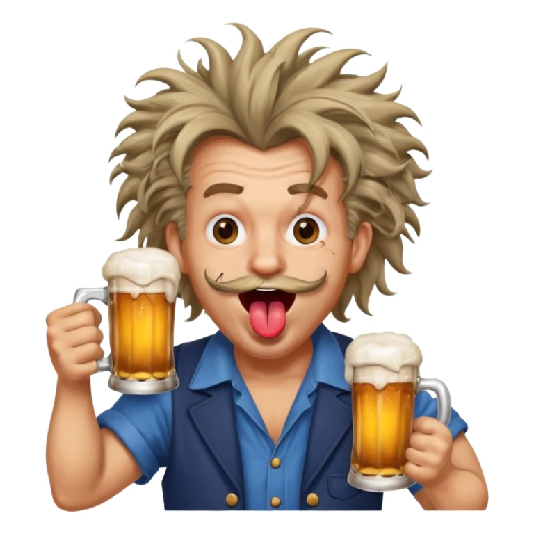 funny man with exaggerated, ridiculous, manic expression holding a beer mug, cross eyed, tongue out, wild hair sticker