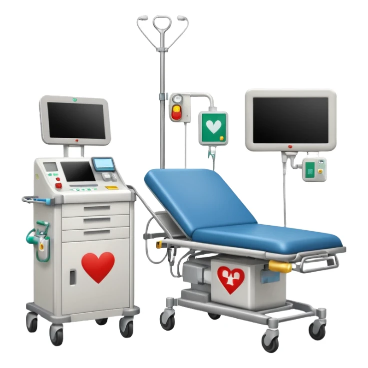 An emergency room corner with defibrillator, monitors, and crash cart.
 sticker