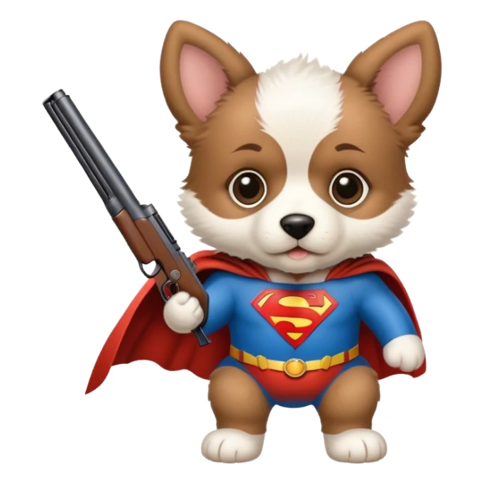 a puppy in superman suite carying a shotgun sticker