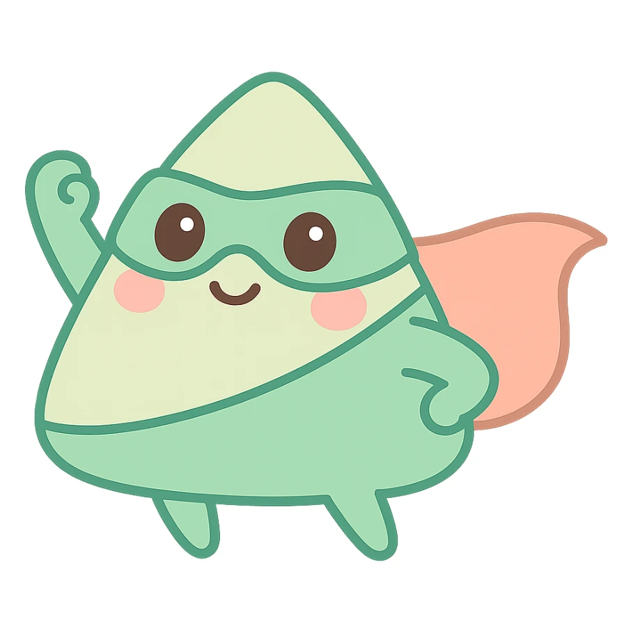 zongzi transformed into a superhero, wearing a cape and mask, cartoon style, humorous and fun for Dragon Boat Festival sticker