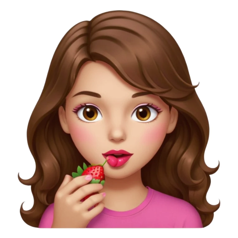 girl with long wavy brown hair, brown eyes, light to medium complexion, in a pink shirt, pink lips, long lashes, sexy , puckering lips kissing, blushing, eating a strawberry sexy sticker
