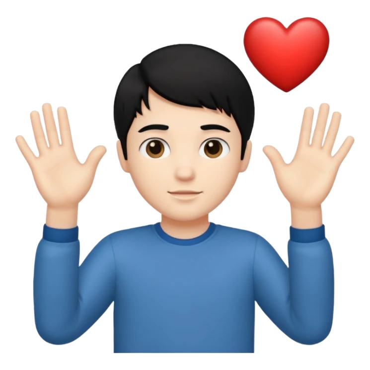White boy with black hair holding up heart hands sticker