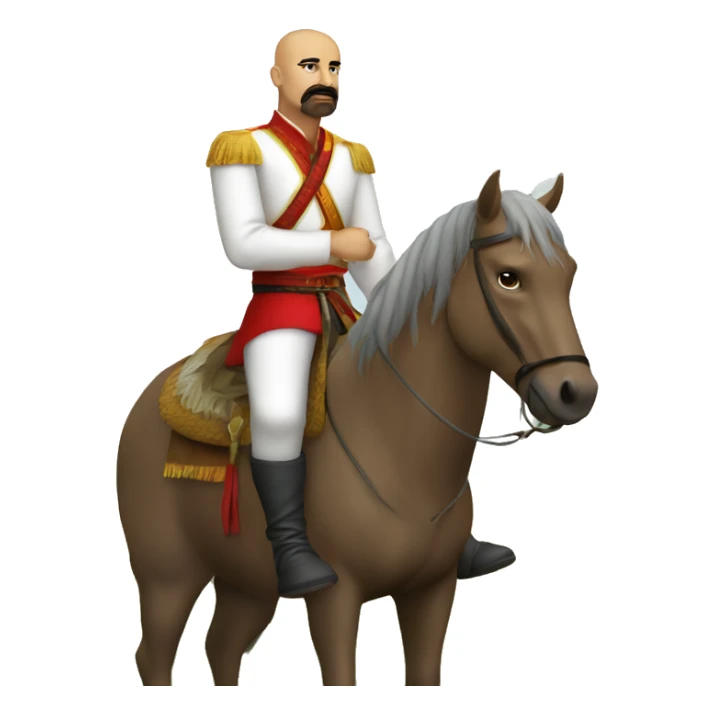 a Cossack warrior sitting on a horse in a field. The Cossack has a shaved head and a long strand of hair on one side. He has a thick, curved mustache and wears a gold earring in his left ear. He is wearing a simple white shirt and red pants sticker