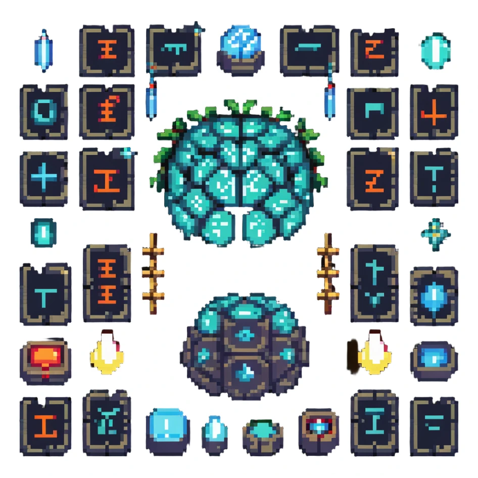 glowing crystal brain floating over ancient text tablets with runes and language symbols (A-Z, あ, 文, ع) orbiting around it, pixel art style sticker
