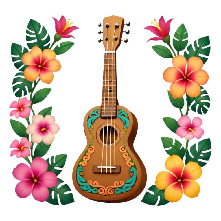 Ukulele with Polynesian carvings with flowers behind it sticker
