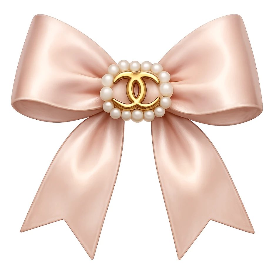 Remove the background, keep only the elegant bow with pearls and gold Chanel logo, glossy, pastel colors, realistic style, with no background. sticker