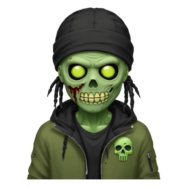 a zombie emoji with black dreads and a black nike jacket and black nike ski mask on his head sticker