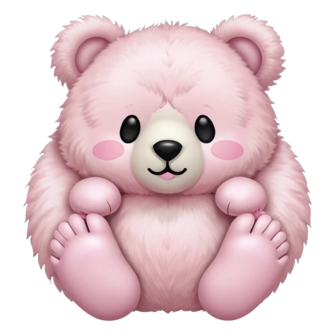 a fluffy toy teddy with a light pink colored shell and ears and a white face and bear feet, with a cute black closed eyes and mouth sticker