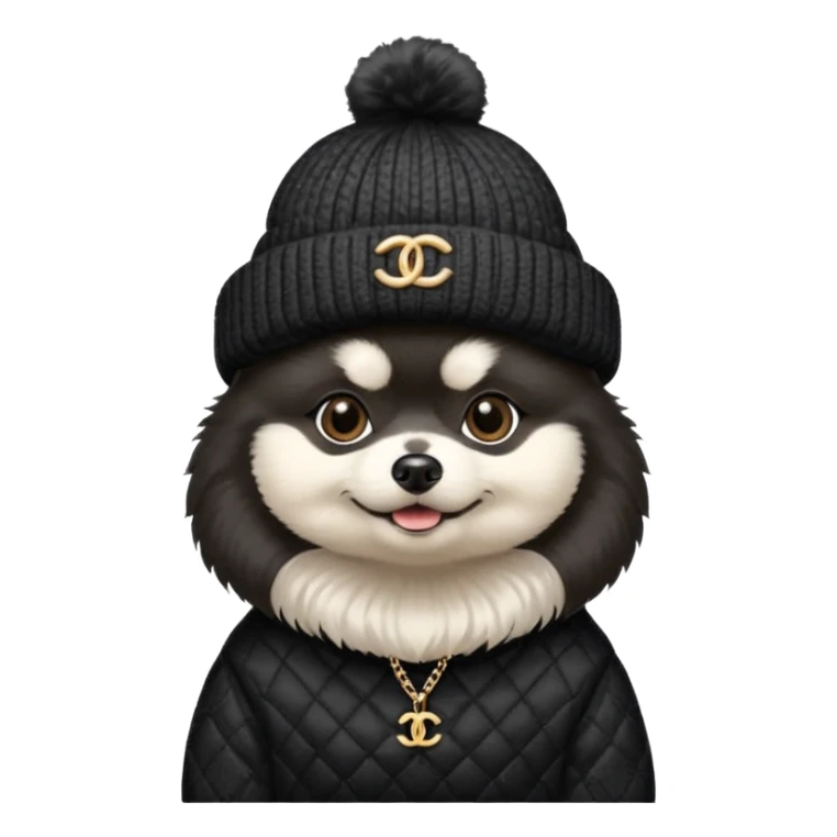 Black and white pomeranian wearing coco chanel Sweater and hat sticker
