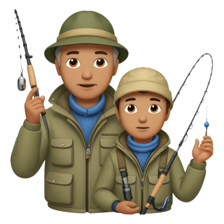 Father and son in fishing gear gesturing that they are cold sticker