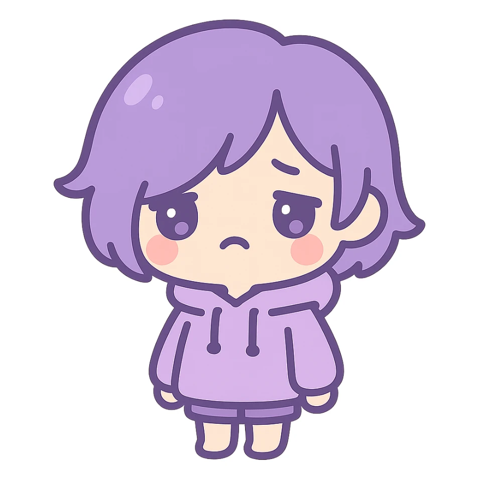 purple haired emo, cute chibi style, oversized hoodie, sad expression sticker