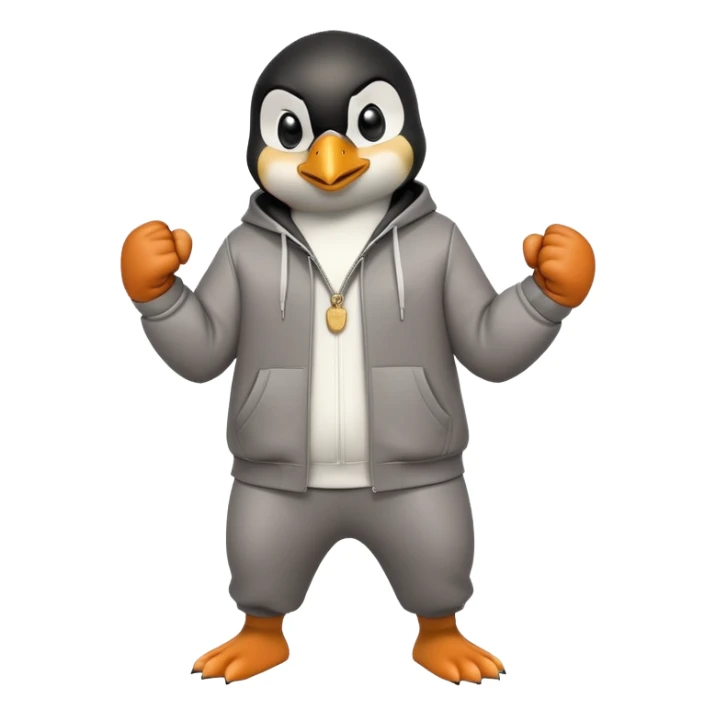 friendly anthropomorphised penguin wearing a mafia-style tracksuit, secretive scheming pose, angry expression, stomping while walking, holding a knuckle duster sticker