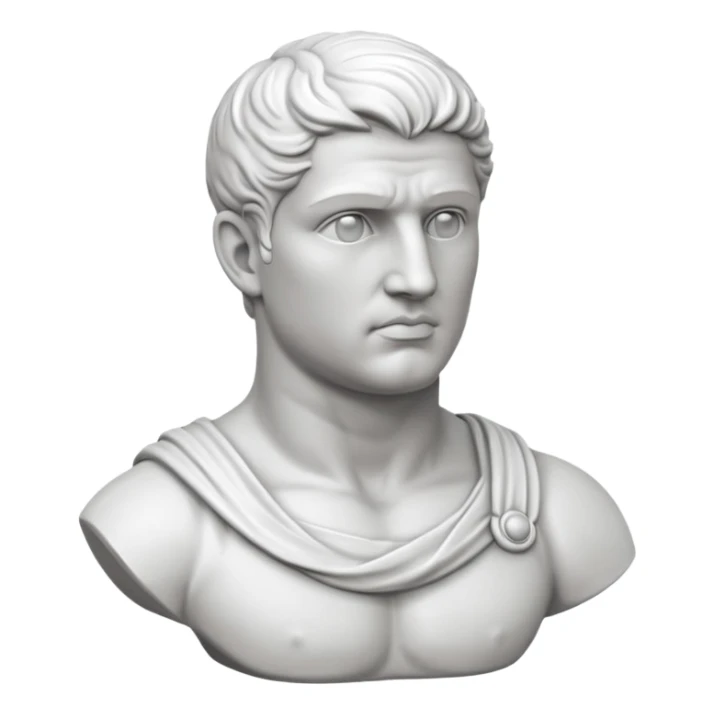 white classical roman bust, hunky, white stone face,  white stone, no other colours than white sticker