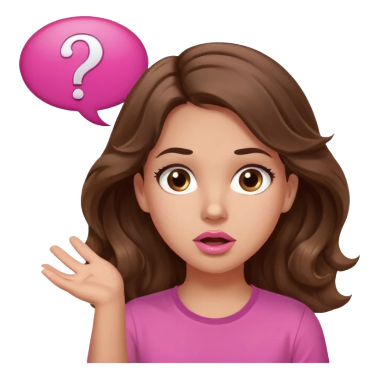 girl with long wavy brown hair, brown eyes, light to medium complexion, in a pink shirt, pink lips, long lashes, shugging, question mark one speech bubble sticker