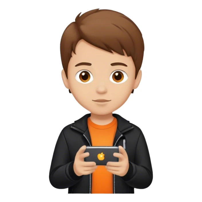 Boy with brown hair with tech in hand, orange t shirt and black jacket sticker