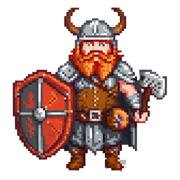 Norwegian Viking with red beard and helmet with horns. Holds a round shield with Norwegian pattern sticker