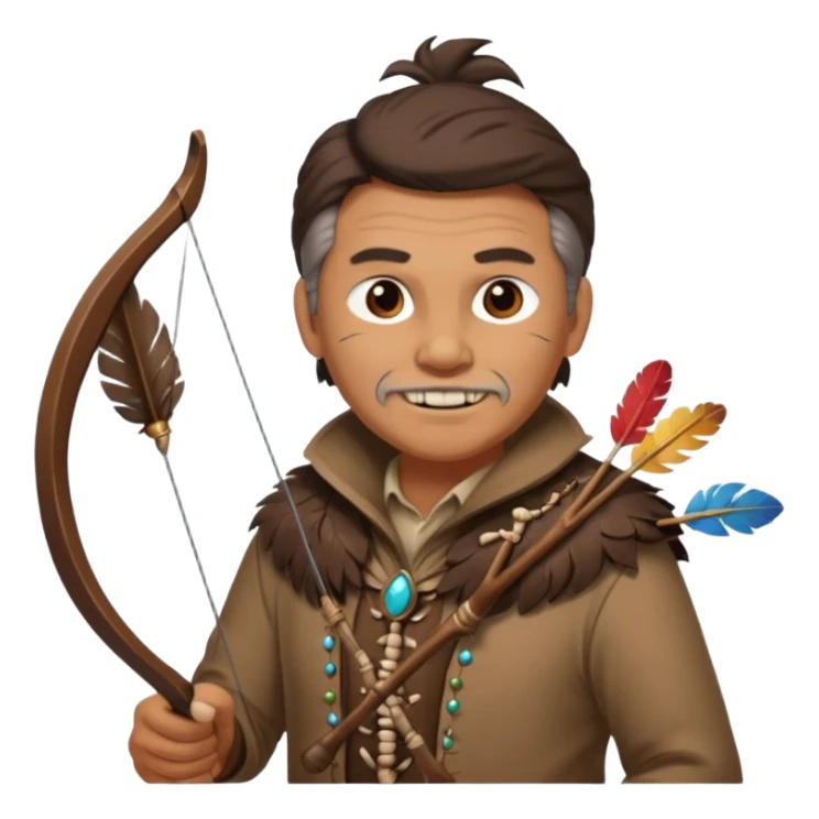 The classic image of a middle-aged uncle hunter carrying a bow, dressed in brown clothes, with some ornaments made of feathers, bones or teeth on his body. sticker