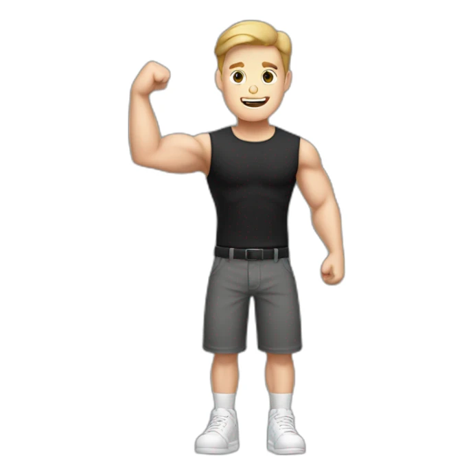 To belt Actively gesturing with hands Pale skinned Fit Man With the biceps and light brown hair in black shirt, gray sports shorts and white Sneakers sticker