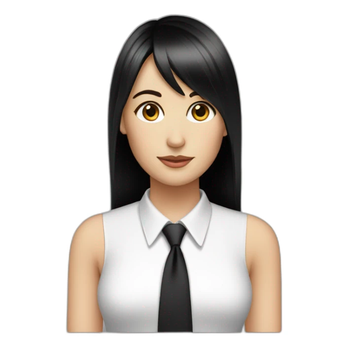 white female bangs black straight hair white shirt black tie sticker