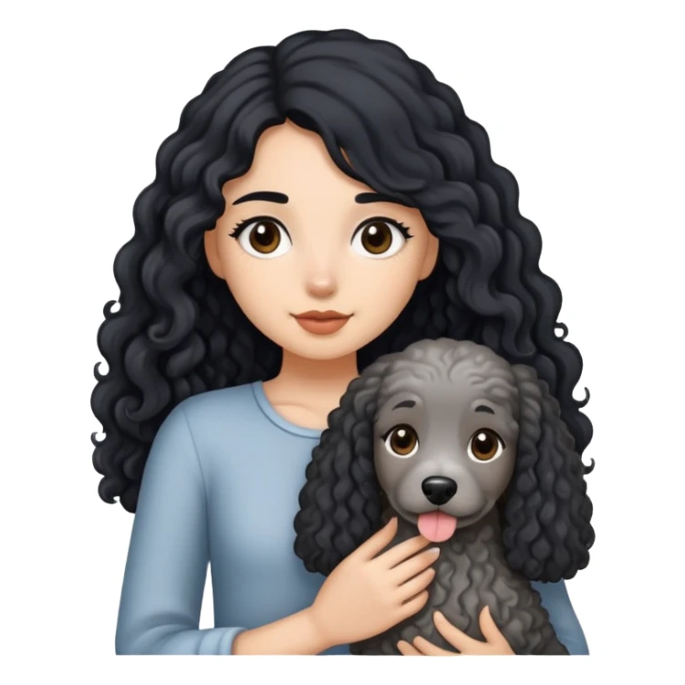 A girl with long black hair holding a gray curly dog sticker