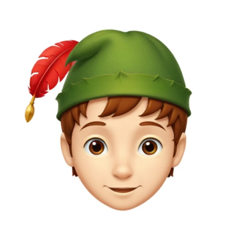 Peter Pan's head, classic green hat with red feather, youthful face, mischievous smile, short brown hair sticker