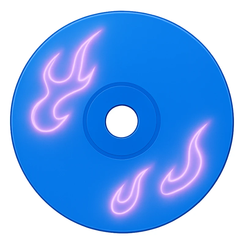 A minimalist CD disc with subtle pink flames, glowing effect, variation 2, color: blue sticker