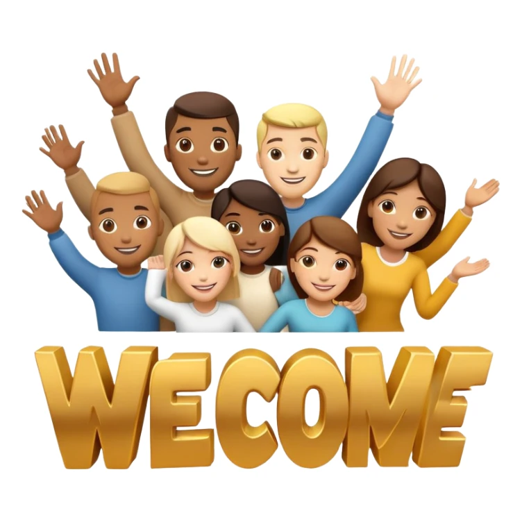 generate realistic detailed group of people with text welcome 3d style sticker