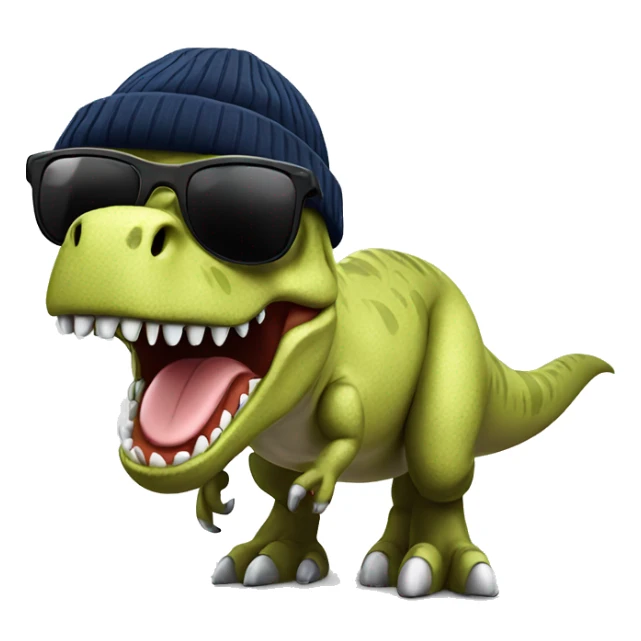 smiling t-rex with sunglasses and a beanie hat sticker