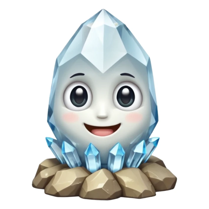 A single cute crystal rock character inspired by a clear quartz cluster, chunky round base with many tall transparent crystal spikes growing upward all around it, faceted and slightly imperfect, on the front of the base a big kawaii face with large glossy eyes and a wide happy smile sticker