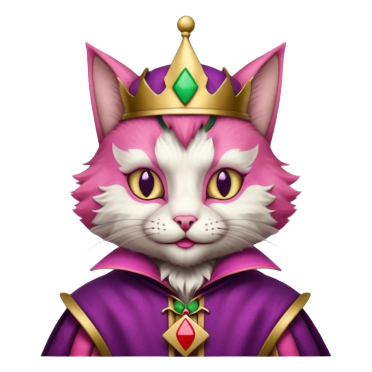 court jester cat medieval, single poker card joker clearly visible, pink, face only enclosed in a medieval badge  sticker