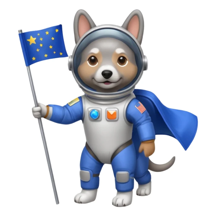 a gray dog in space suit, holding blue rectangle flag, full body, front view sticker