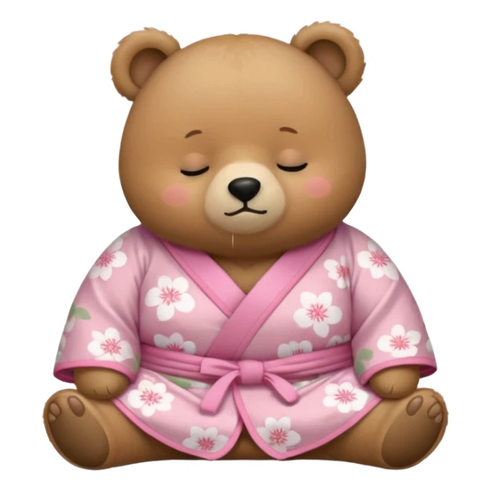 A cute chubby light-brown bear wearing a pastel pink sakura-patterned kimono, tiny body and big round head, adorable simple face, sleepy half-closed eyes, small blush on cheeks, sitting while dozing off, tiny “zzz” floating above the head sticker