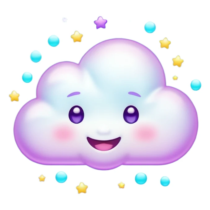 A tiny kawaii cloud emoji with a cheeky smile and wink, soft neon glow in purple/cyan, little sparkles floating, playful delulu vibe. sticker