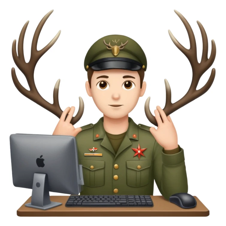 Guy works at computer with deers antlers, military clothes  sticker
