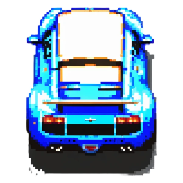 pixel art Bugatti Veyron, rear view, white and blue color scheme sticker