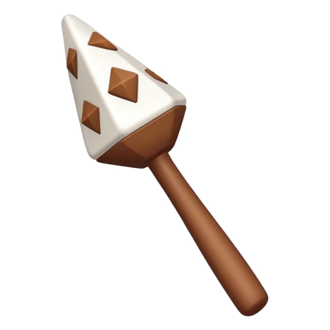 White rattle with triangles drawn on it in brown but filled in white sticker