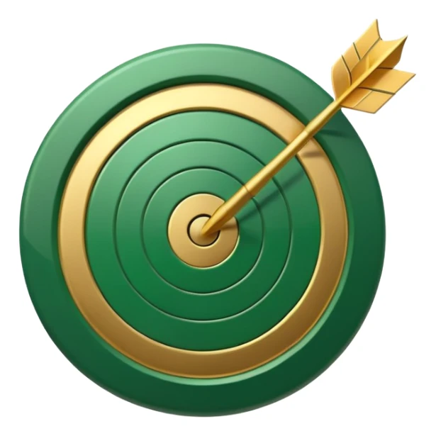 3D target icon with arrow hitting bullseye, modern glossy style, deep green (#0B3D2C) rings, gold (#C9B037) center and arrow, subtle glow, transparent background, premium render sticker