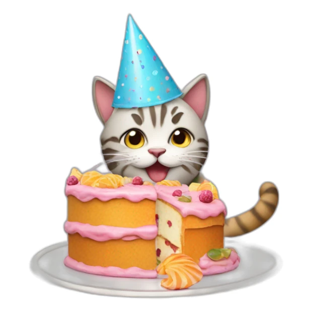 cat wearing a birthday hat eating a cake made out of fish sticker