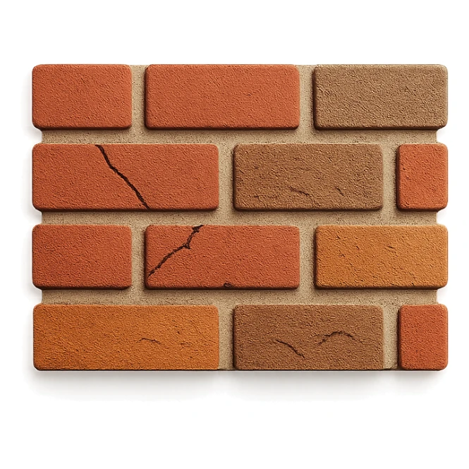 close-up of a brick wall with red and brown bricks, visible mortar, rough texture, natural lighting, slight weathering, cracks in paper craft style sticker