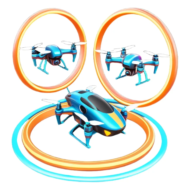 An icon featuring two racing drones flying at high speed through glowing rings on an obstacle course. Motion blur and a dynamic aerial path show intense competition. A controller appears in the corner. Transparent background highlights the thrill and precision of drone racing. sticker