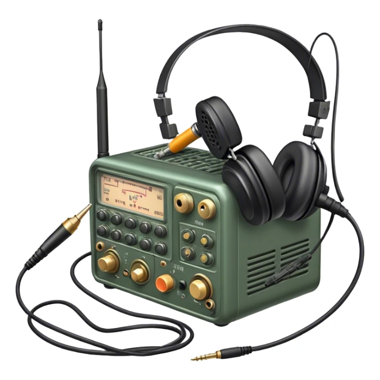 A photorealistic icon featuring a ham radio transceiver, headphones, microphone, antenna, and radio equipment like soldering tools and cables. The design includes detailed textures and realistic lighting, symbolizing the passion for amateur radio and communication. Transparent background. sticker