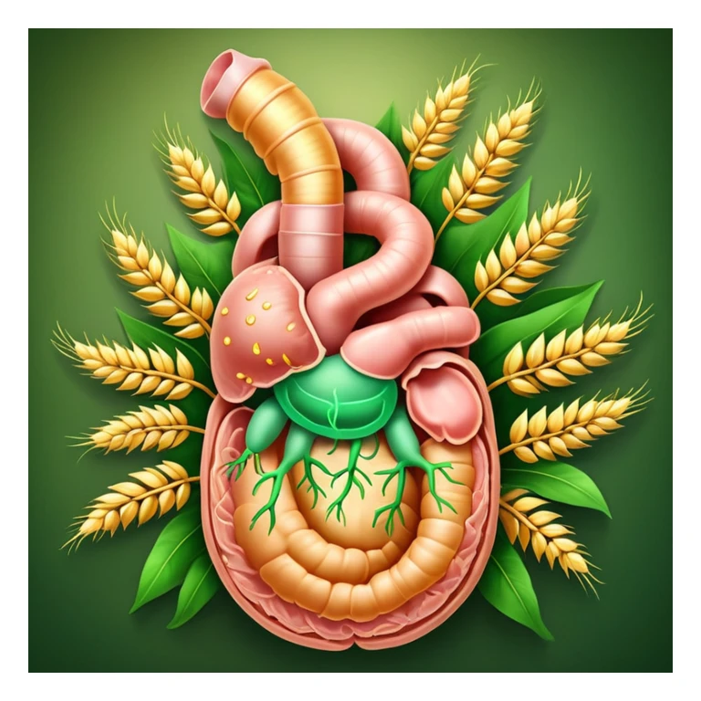 Human digestive system with esophagus, stomach, intestines, and colon highlighted, surrounded by golden wheat ears and green leaves, with glowing healing particles flowing through the digestive tract, creating a purifying effect sticker
