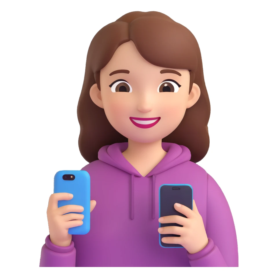 a girl holding a smartphone, smiling sticker