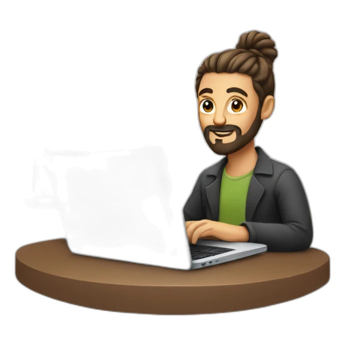 a man with a bun and beard at a laptop sticker