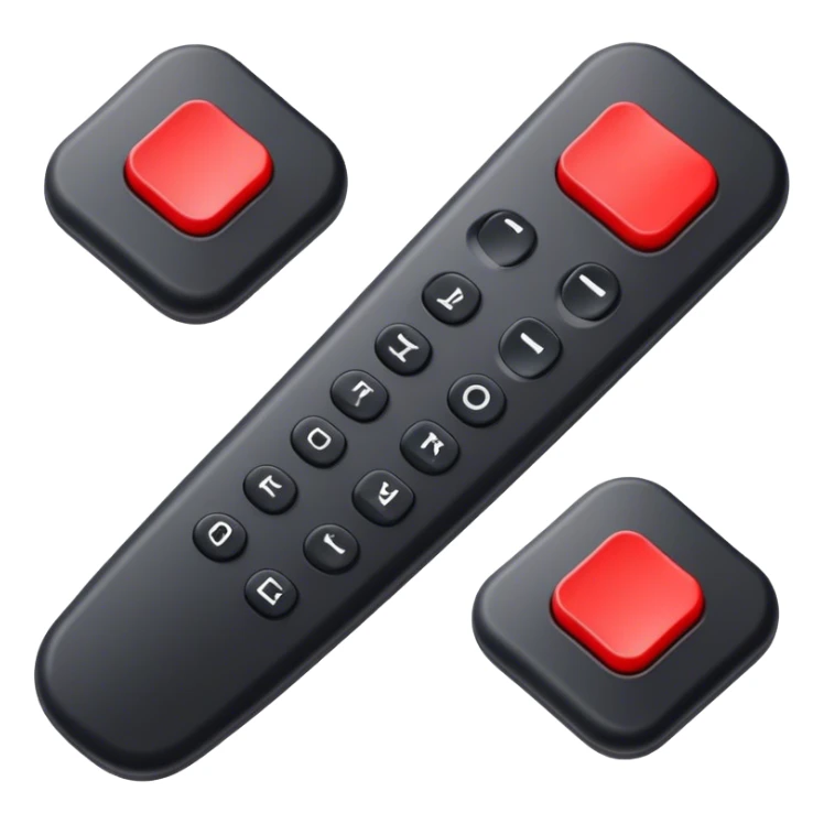 black tv remote  control with red border,  2Dimensions. Only 5 buttons, 4 in black and one big red button in the center sticker
