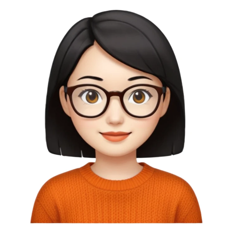 Korean 35-year-old female online marketer / white face / smiling expression / short hair / intellectual look / black hair / orange knit / brown glasses sticker