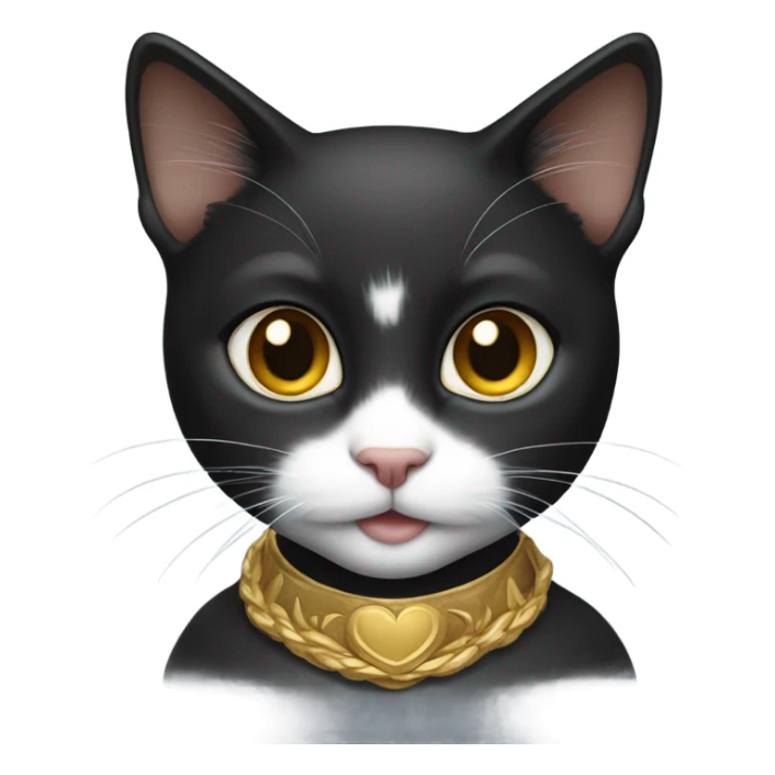Cute black female kitty with small white patch on front of her neck with a golden royalty theme  sticker