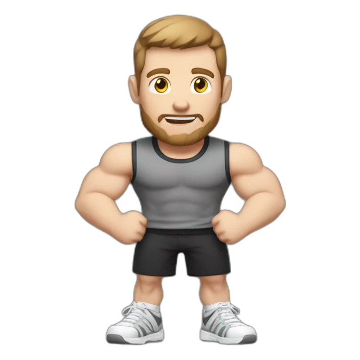 Close up Actively gesturing  with hands Pale skinned Fit Man With the biceps and brown hair in dark gray Sleeveless Mike, black oversize sports shorts, watch and white Sneakers sticker