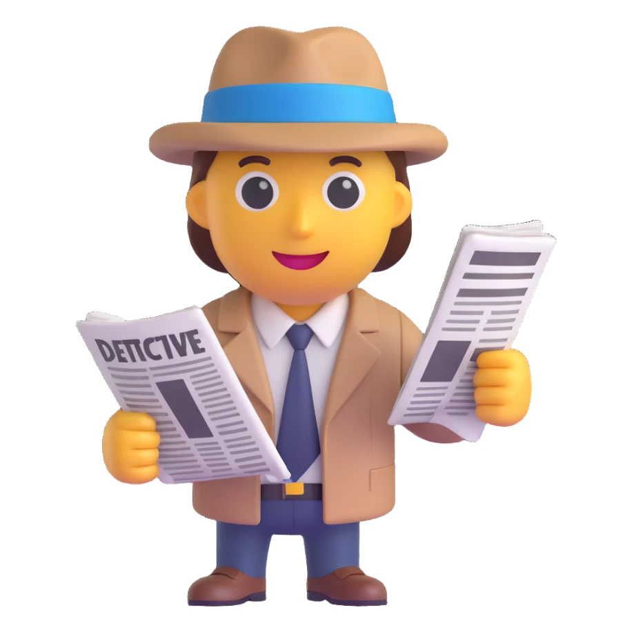 detective holding a newspaper in front of their face, only the detective's hat visible above the newspaper, 3D emoji style sticker