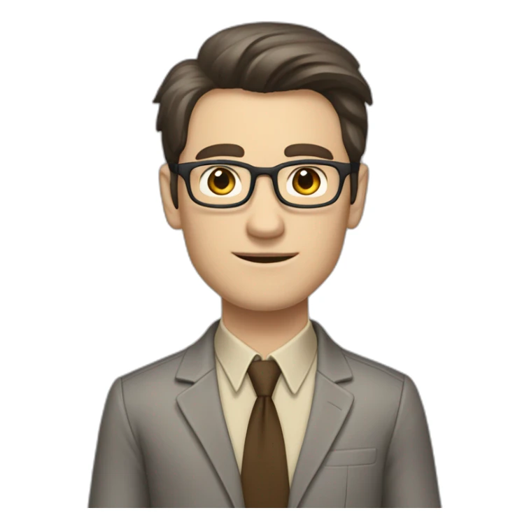 Full height Gesticulating Pale skinned fit man with dark brown hair in gray jacket, beige office shirt, brown tie, brown pants and vintage glasses. sticker